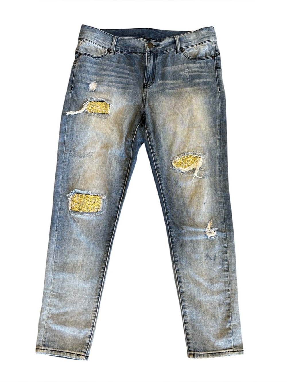 Juicy Couture Distressed Cropped Leg Blue Jeans Gold Crystal Patch Inserts Sz 10